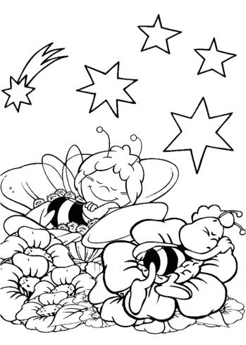 Online coloring book: Maja and Willy are sleeping on flowers